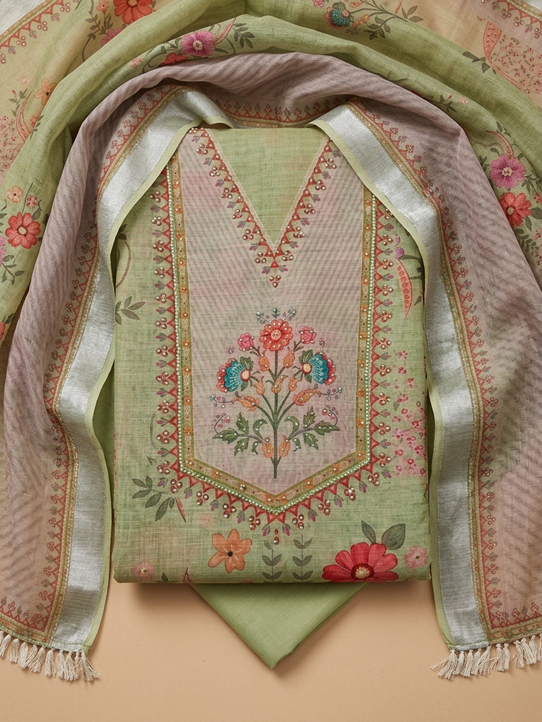 Pista Green Embroidery Linen Blend Unstitched Dress Material