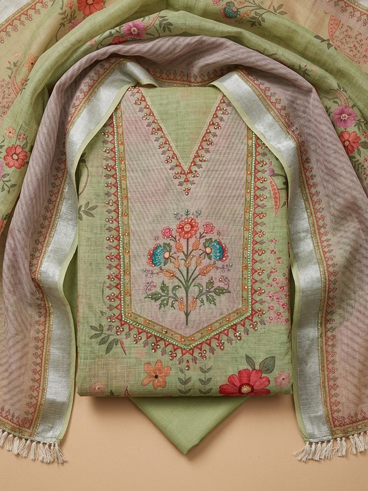 Pista Green Embroidery Linen Blend Unstitched Dress Material
