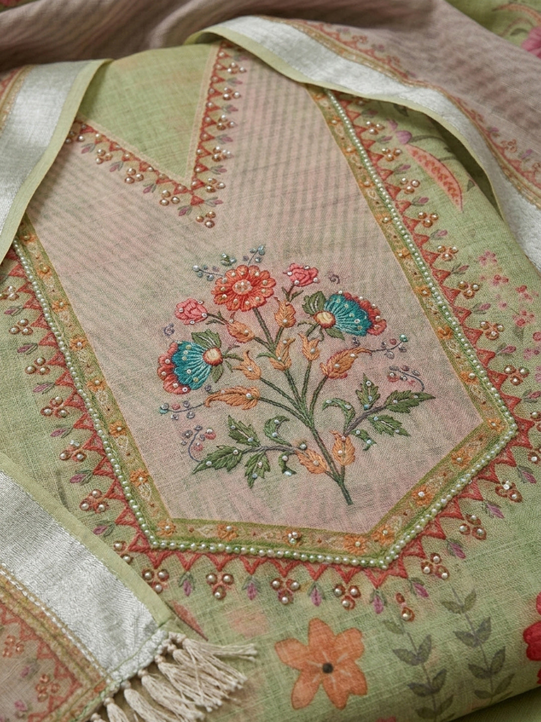 Pista Green Embroidery Linen Blend Unstitched Dress Material
