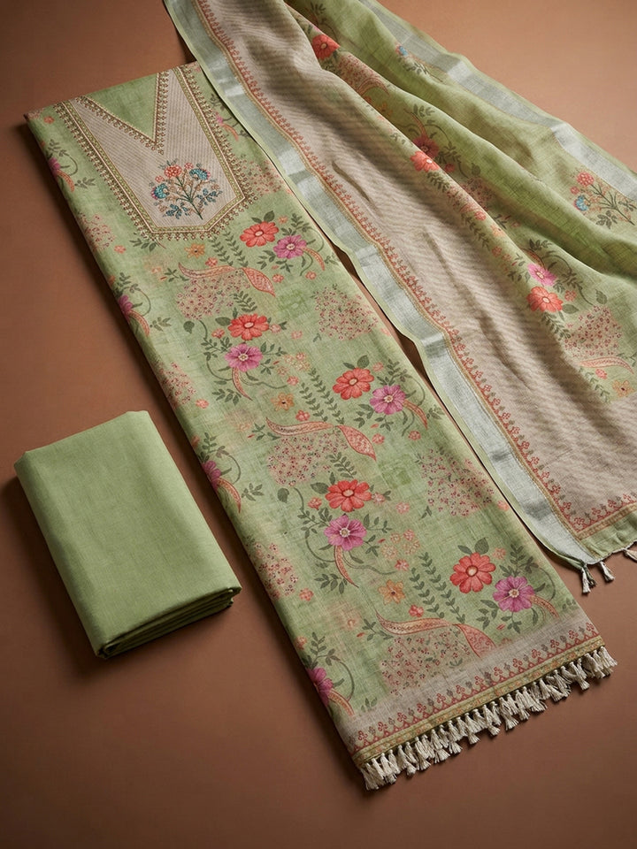 Pista Green Embroidery Linen Blend Unstitched Dress Material