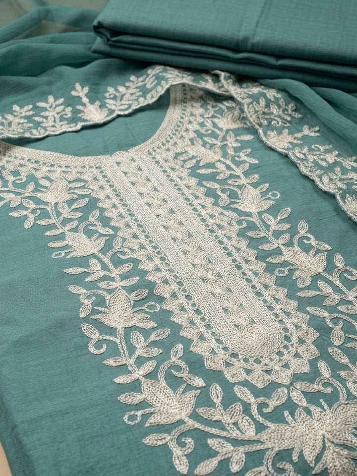 Aqua Blue Embroidery Chanderi Unstitched Dress Material