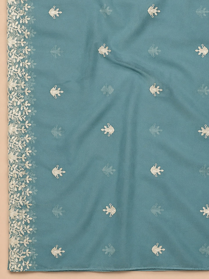 Aqua Blue Embroidery Chanderi Unstitched Dress Material
