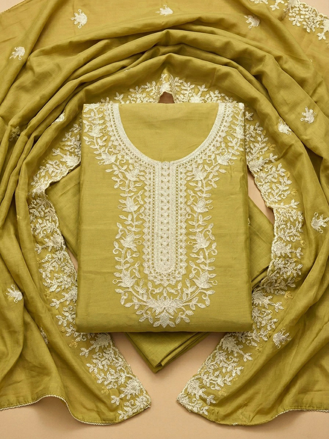Mehndi Embroidery Chanderi Unstitched Dress Material
