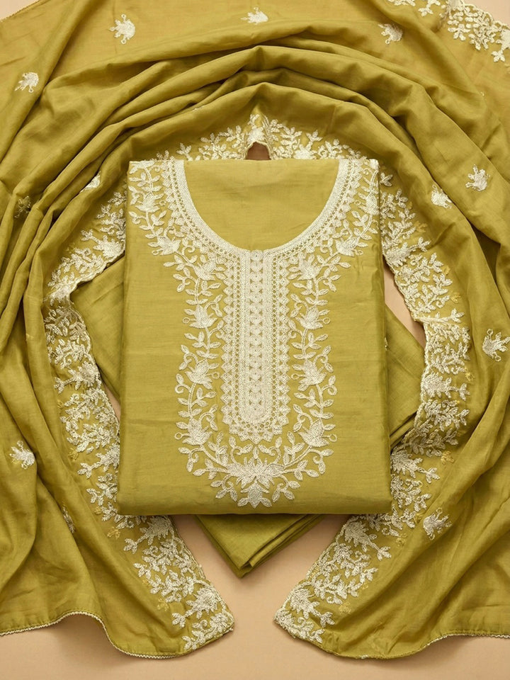 Mehndi Embroidery Chanderi Unstitched Dress Material