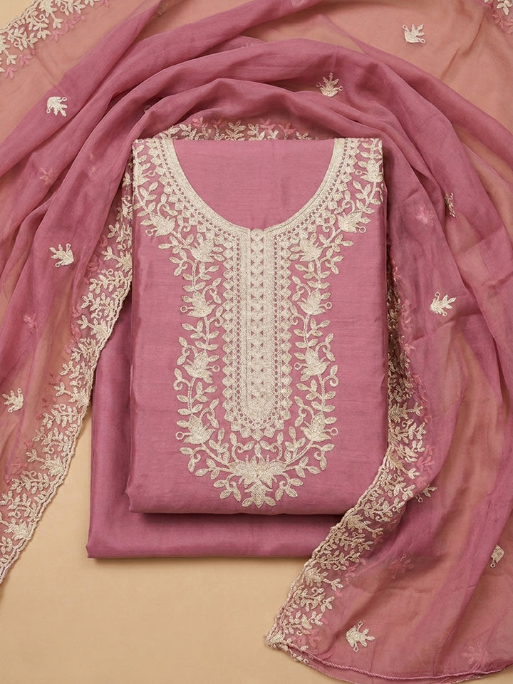 Pink Embroidery Chanderi Unstitched Dress Material