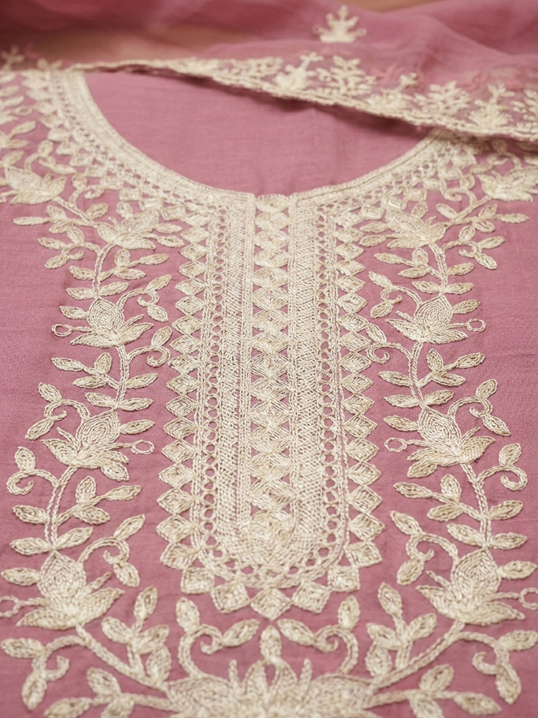 Pink Embroidery Chanderi Unstitched Dress Material