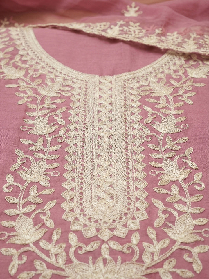 Pink Embroidery Chanderi Unstitched Dress Material
