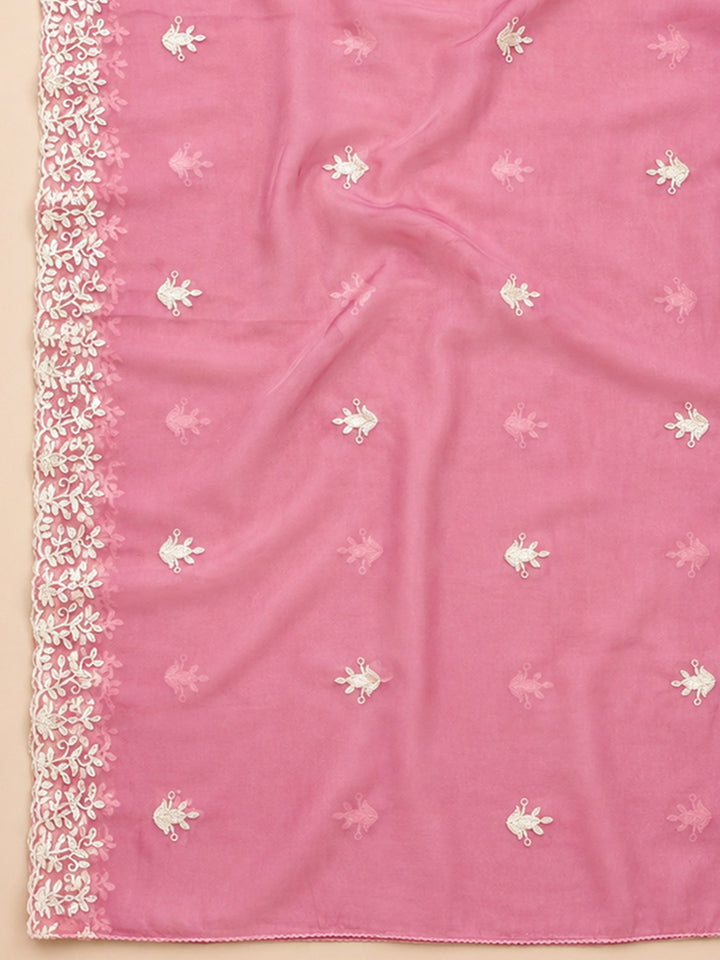 Pink Embroidery Chanderi Unstitched Dress Material