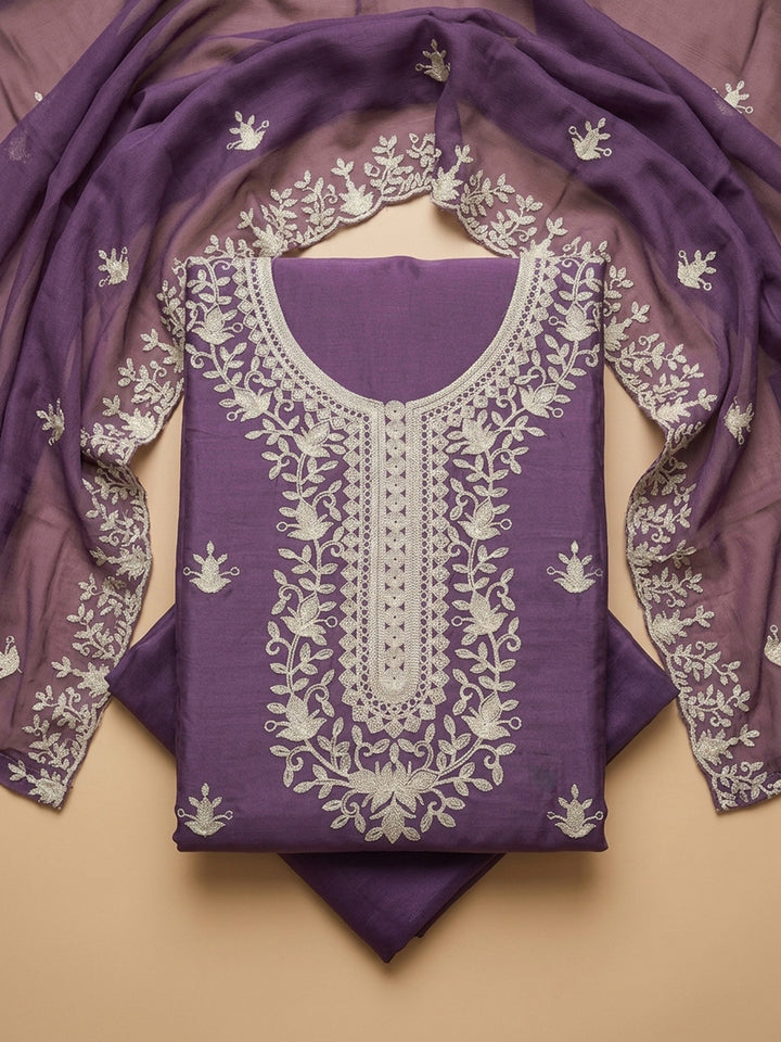Purple Embroidery Chanderi Unstitched Dress Material