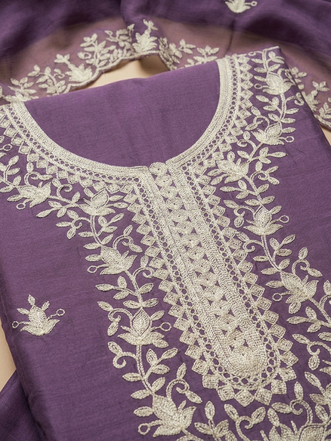Purple Embroidery Chanderi Unstitched Dress Material