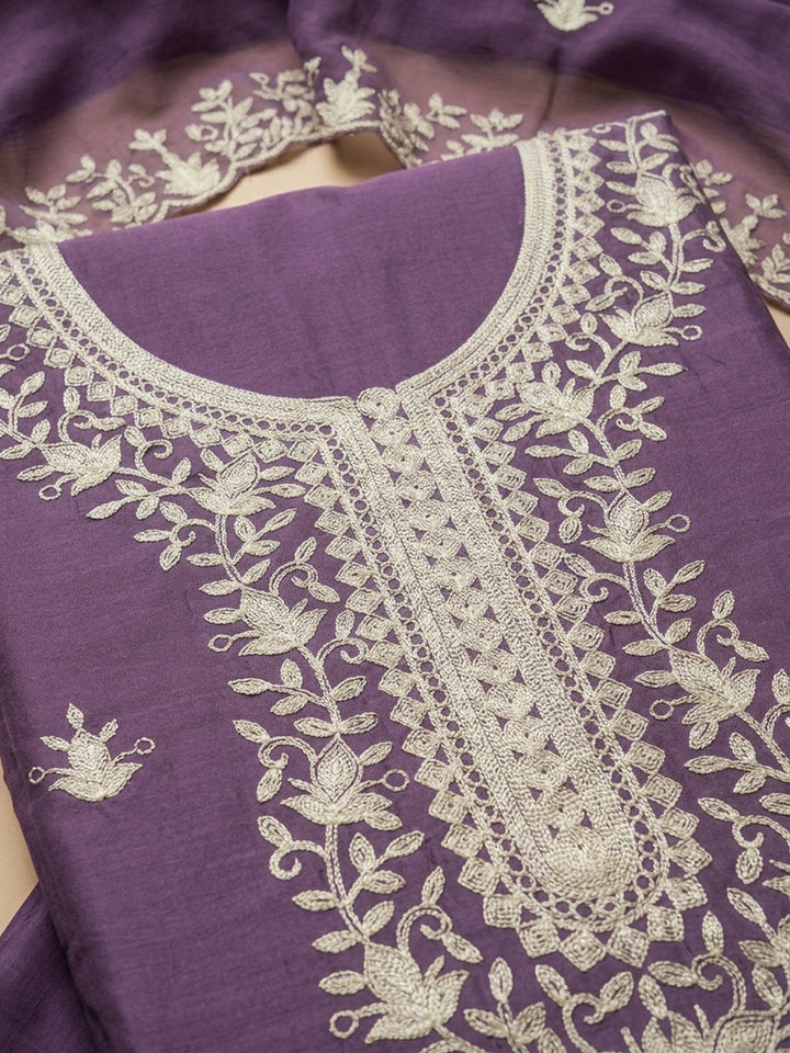 Purple Embroidery Chanderi Unstitched Dress Material