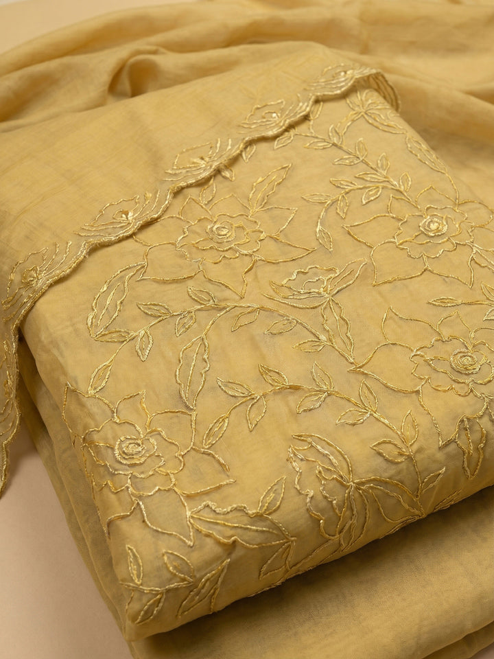 Mustard Embroidered Chanderi Unstitched Suit &amp; Pant With Chanderi Dupatta