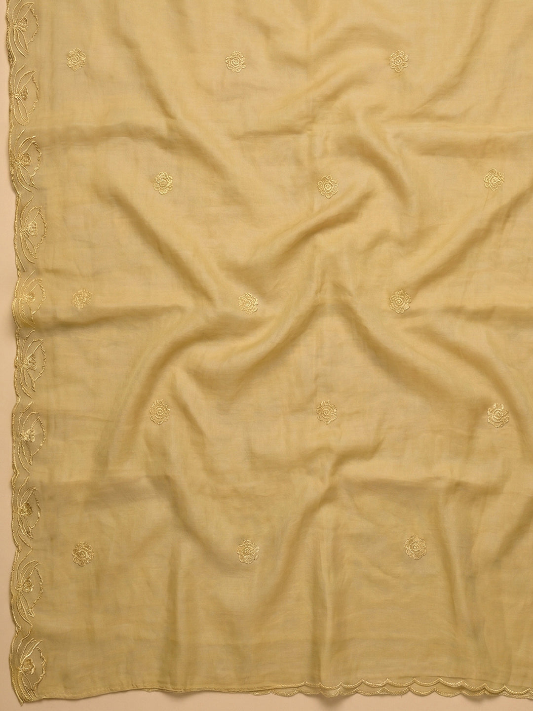 Mustard Embroidered Chanderi Unstitched Suit &amp; Pant With Chanderi Dupatta