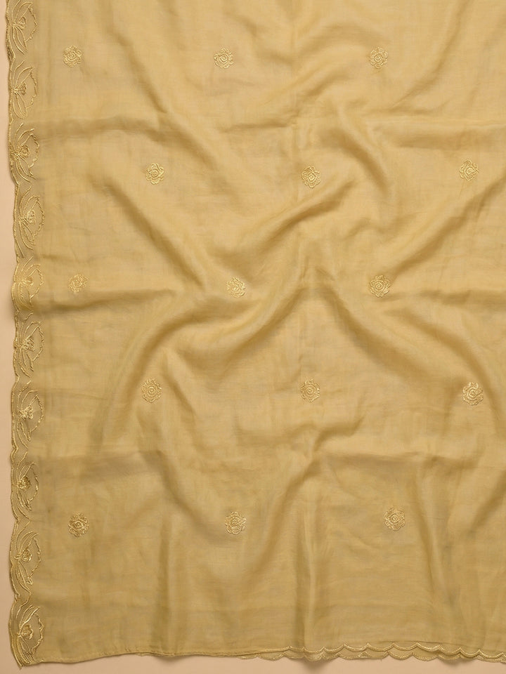 Mustard Embroidered Chanderi Unstitched Suit &amp; Pant With Chanderi Dupatta
