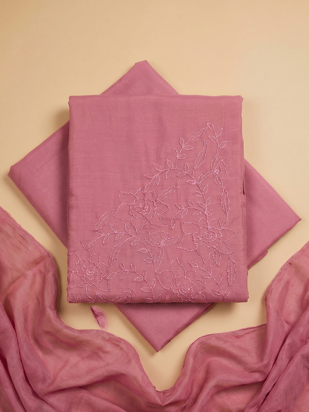 Pink Embroidered Chanderi Unstitched Suit &amp; Pant With Chanderi Dupatta