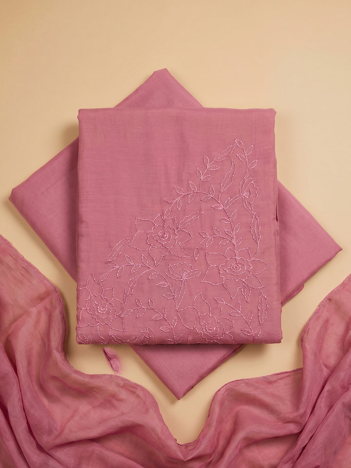 Pink Embroidered Chanderi Unstitched Suit &amp; Pant With Chanderi Dupatta
