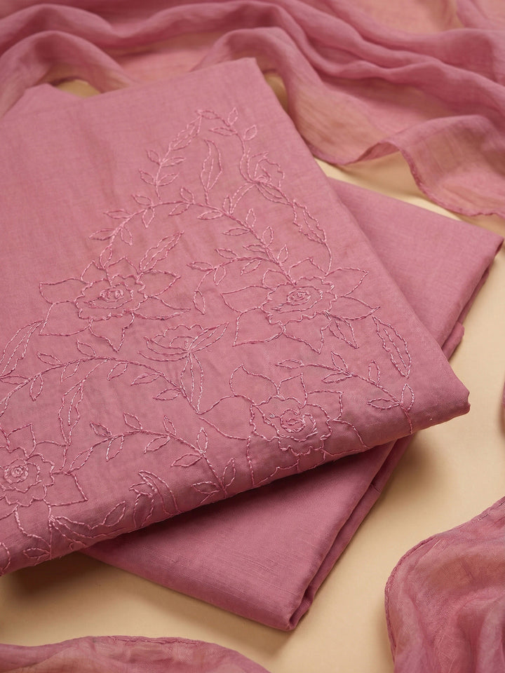 Pink Embroidered Chanderi Unstitched Suit &amp; Pant With Chanderi Dupatta