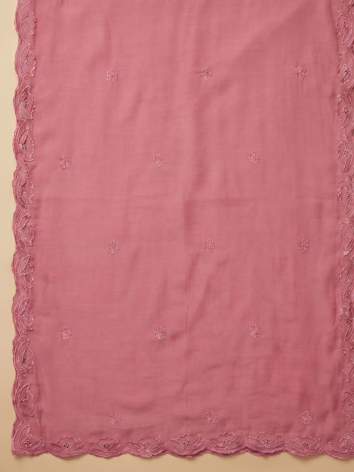 Pink Embroidered Chanderi Unstitched Suit &amp; Pant With Chanderi Dupatta