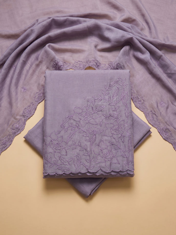 Purple Embroidered Chanderi Unstitched Suit &amp; Pant With Chanderi Dupatta