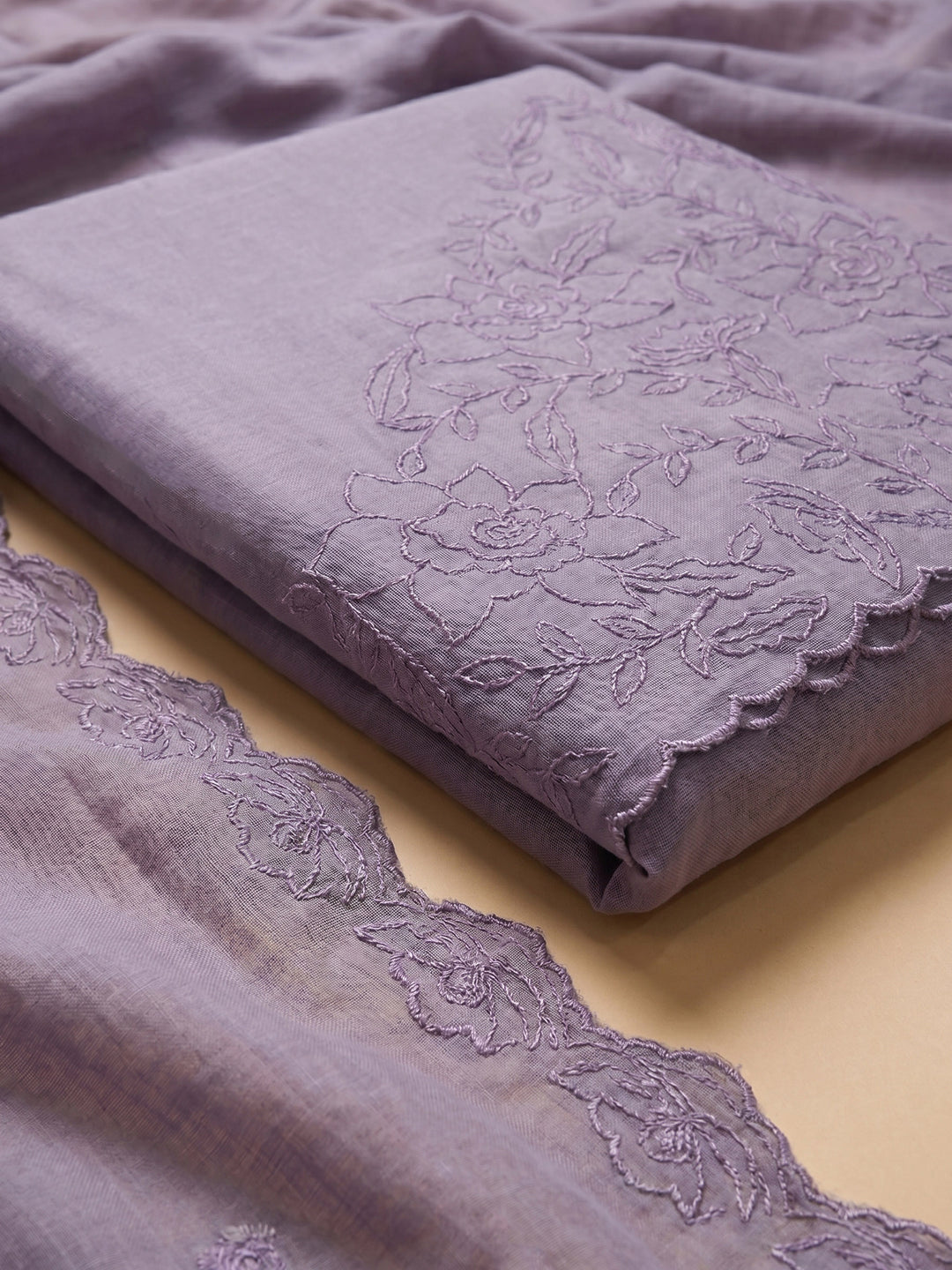 Purple Embroidered Chanderi Unstitched Suit &amp; Pant With Chanderi Dupatta