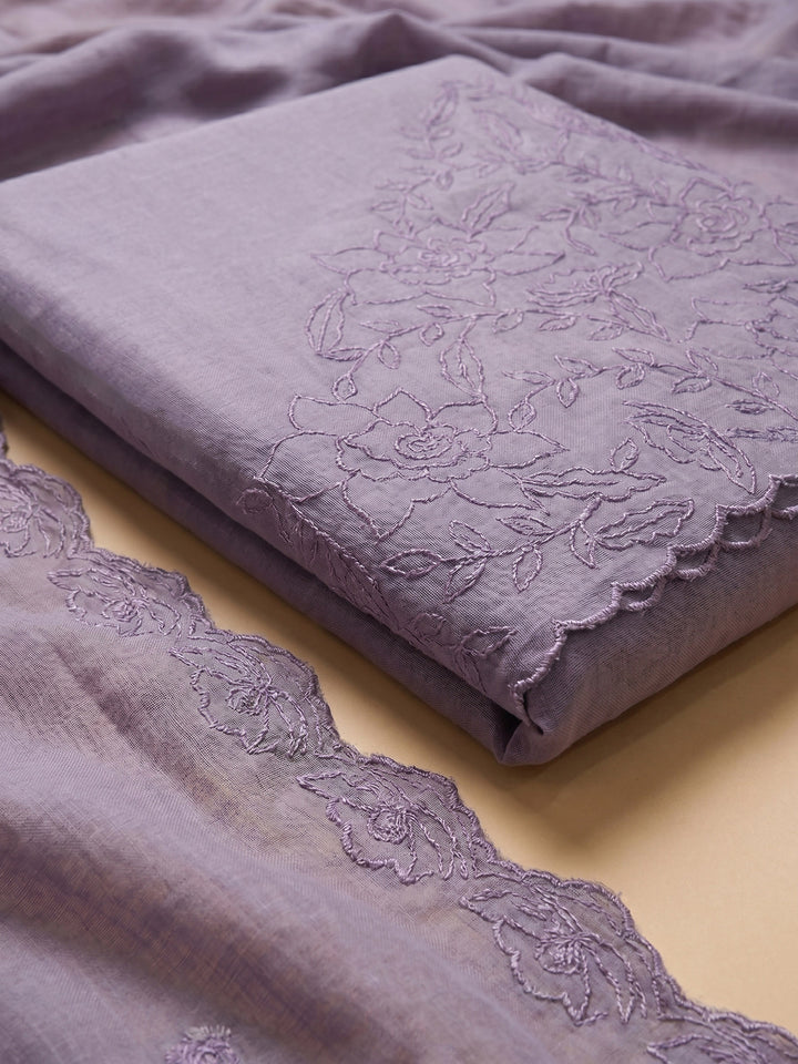 Purple Embroidered Chanderi Unstitched Suit &amp; Pant With Chanderi Dupatta