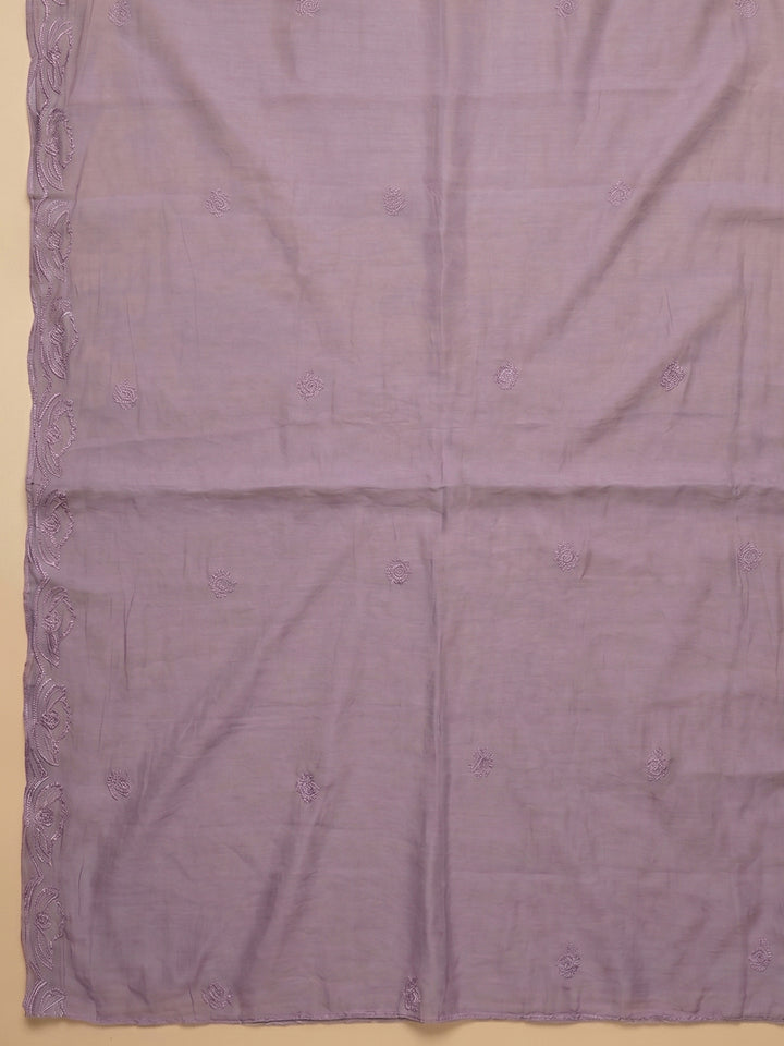 Purple Embroidered Chanderi Unstitched Suit &amp; Pant With Chanderi Dupatta