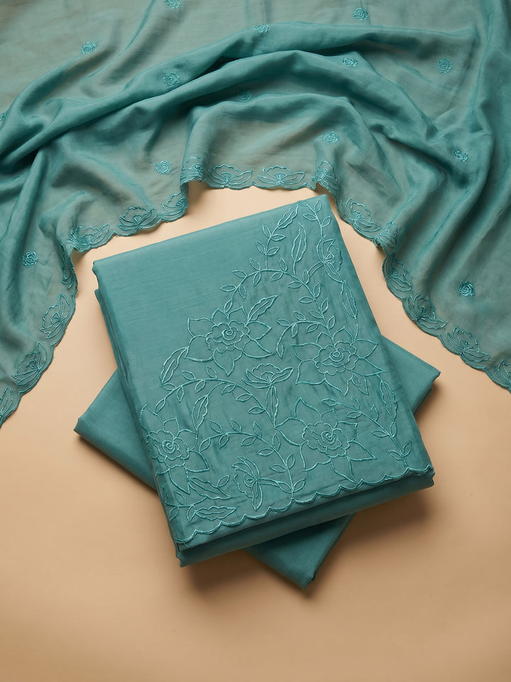Rama Green Embroidered Chanderi Unstitched Suit &amp; Pant With Chanderi Dupatta