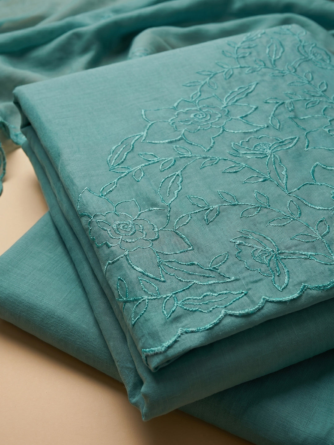 Rama Green Embroidered Chanderi Unstitched Suit &amp; Pant With Chanderi Dupatta