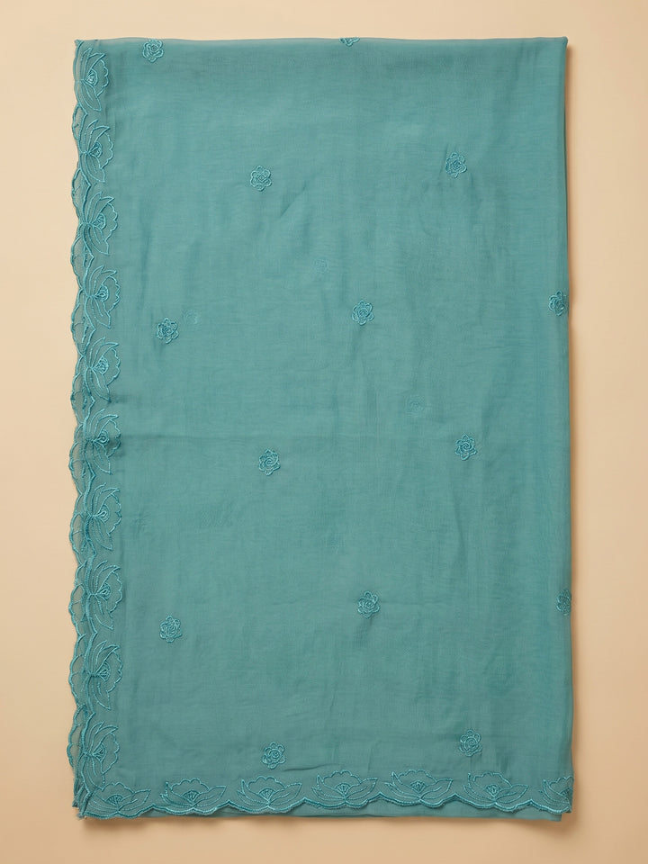 Rama Green Embroidered Chanderi Unstitched Suit &amp; Pant With Chanderi Dupatta