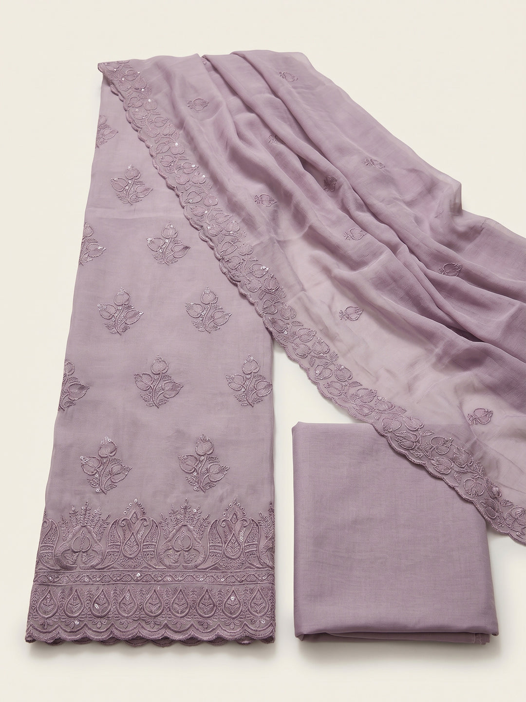 Lavender Embroidered Chanderi Unstitched Suit &amp; Pant With Chanderi Dupatta