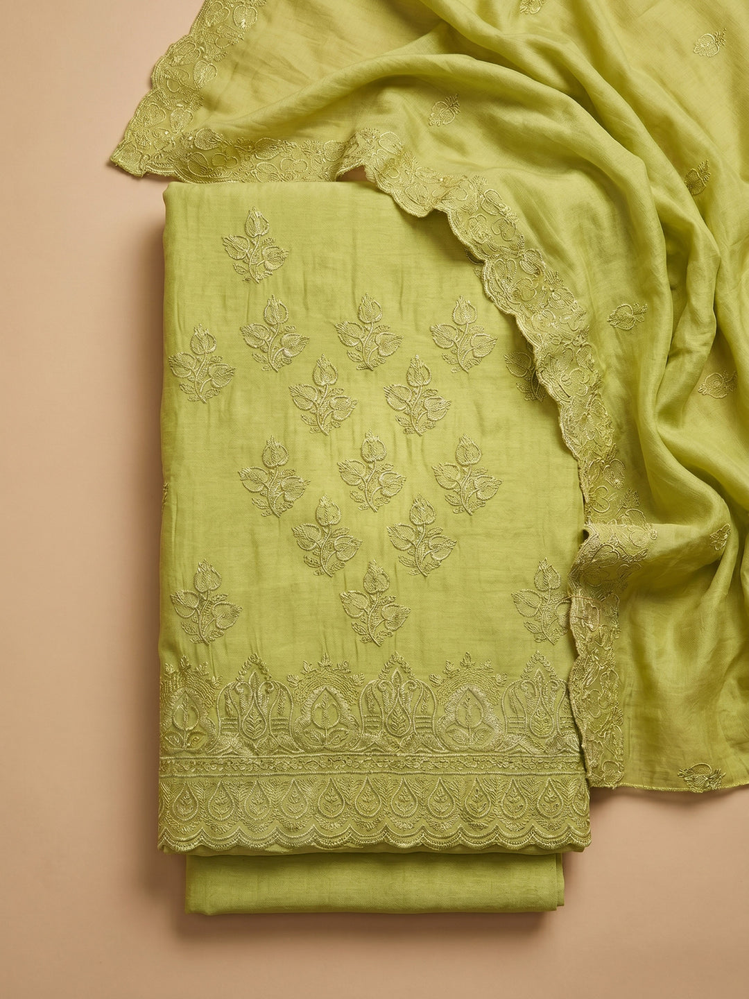 Mehndi Embroidered Chanderi Unstitched Suit &amp; Pant With Chanderi Dupatta