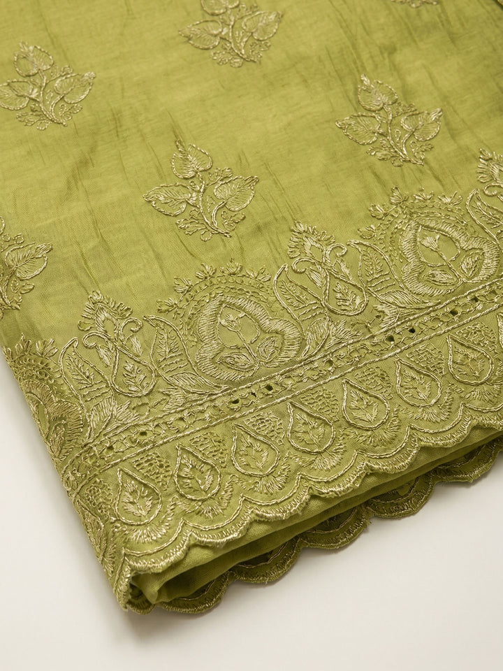 Mehndi Embroidered Chanderi Unstitched Suit &amp; Pant With Chanderi Dupatta