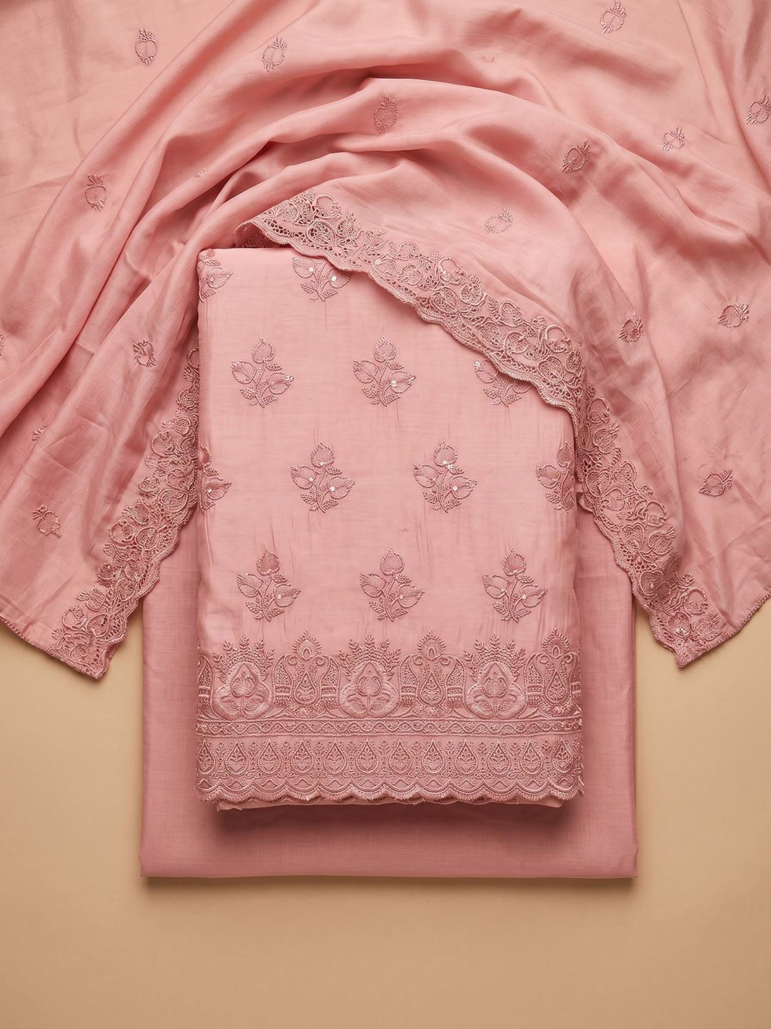 Peach Embroidered Chanderi Unstitched Suit &amp; Pant With Chanderi Dupatta