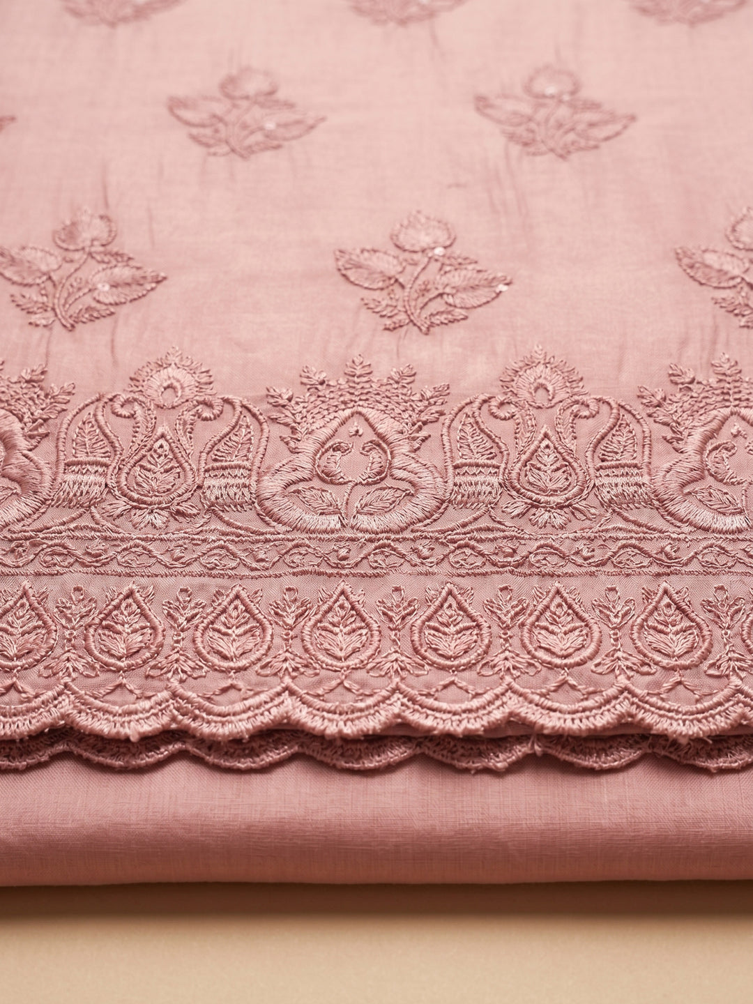 Peach Embroidered Chanderi Unstitched Suit &amp; Pant With Chanderi Dupatta