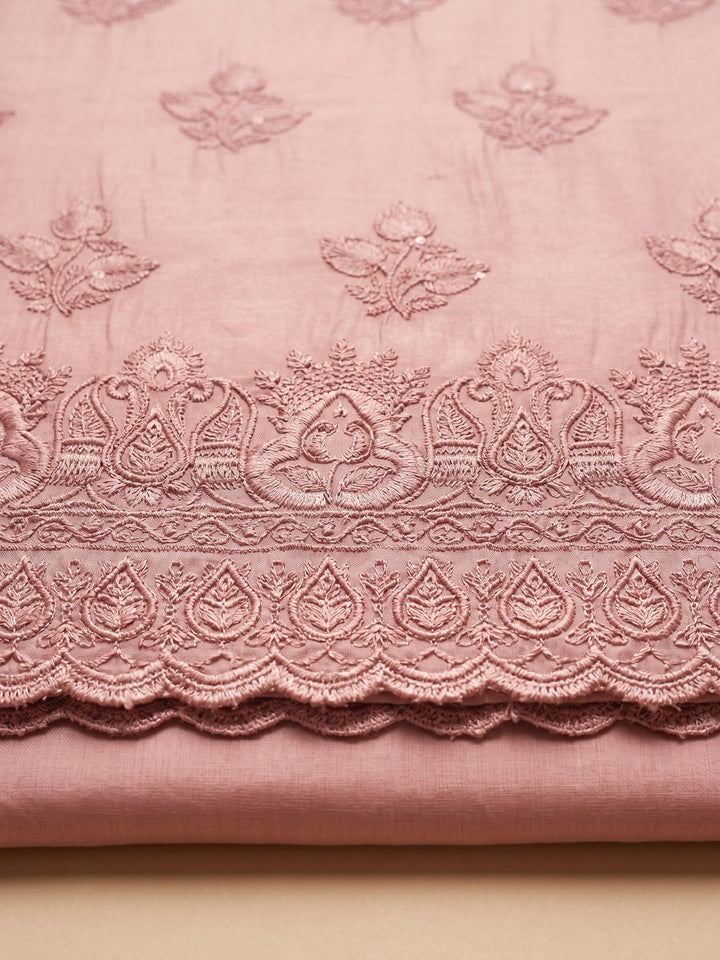 Peach Embroidered Chanderi Unstitched Suit &amp; Pant With Chanderi Dupatta