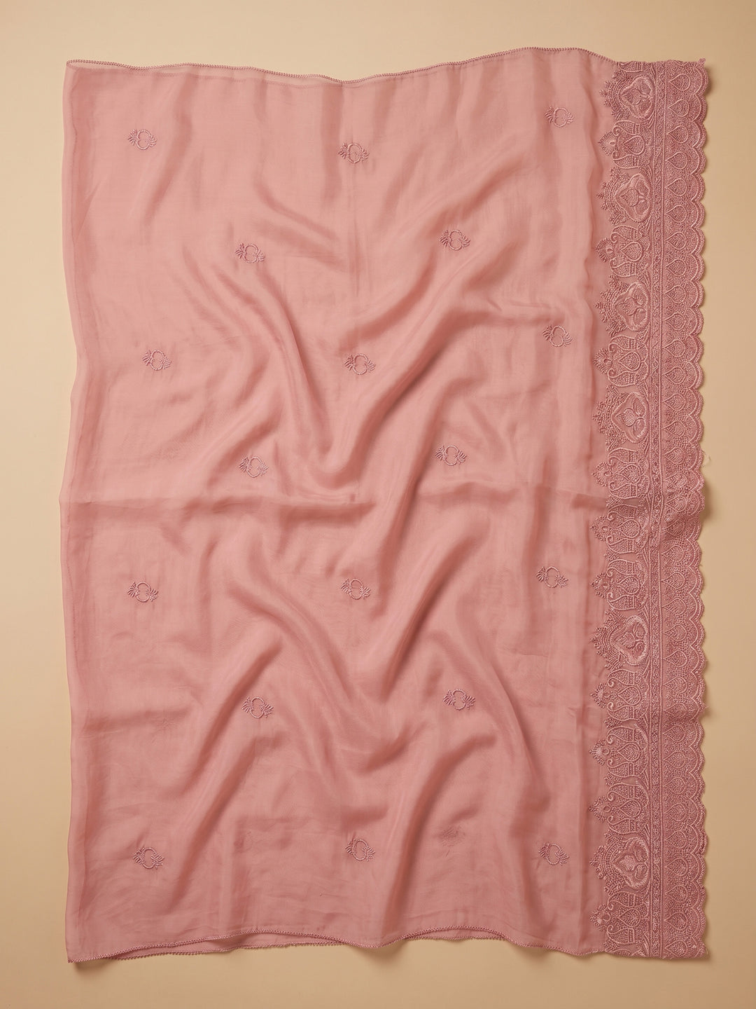 Peach Embroidered Chanderi Unstitched Suit &amp; Pant With Chanderi Dupatta