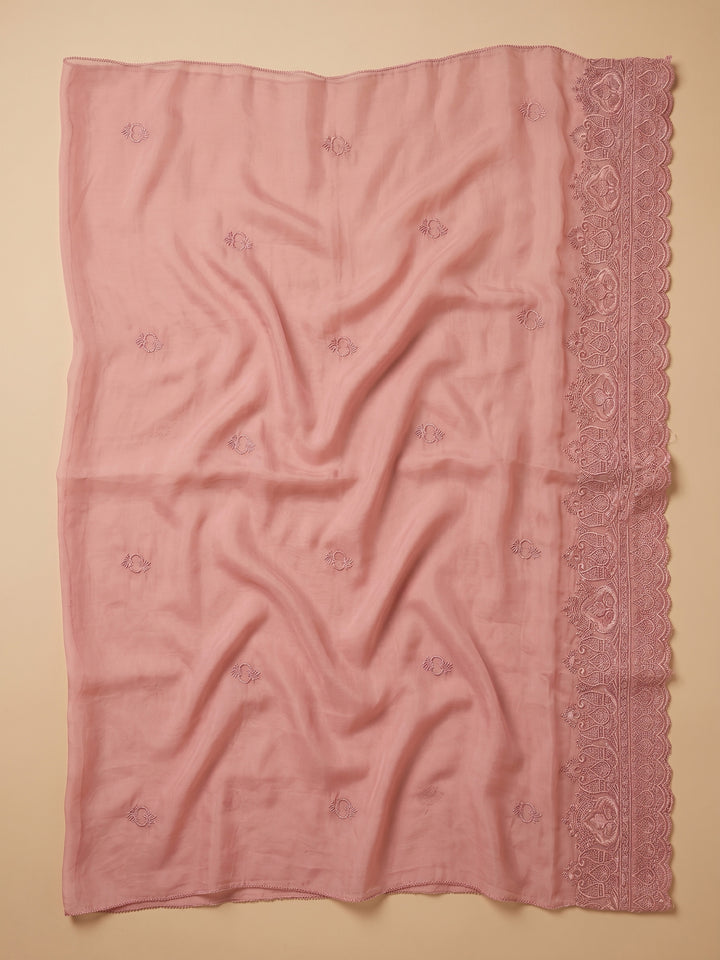 Peach Embroidered Chanderi Unstitched Suit &amp; Pant With Chanderi Dupatta