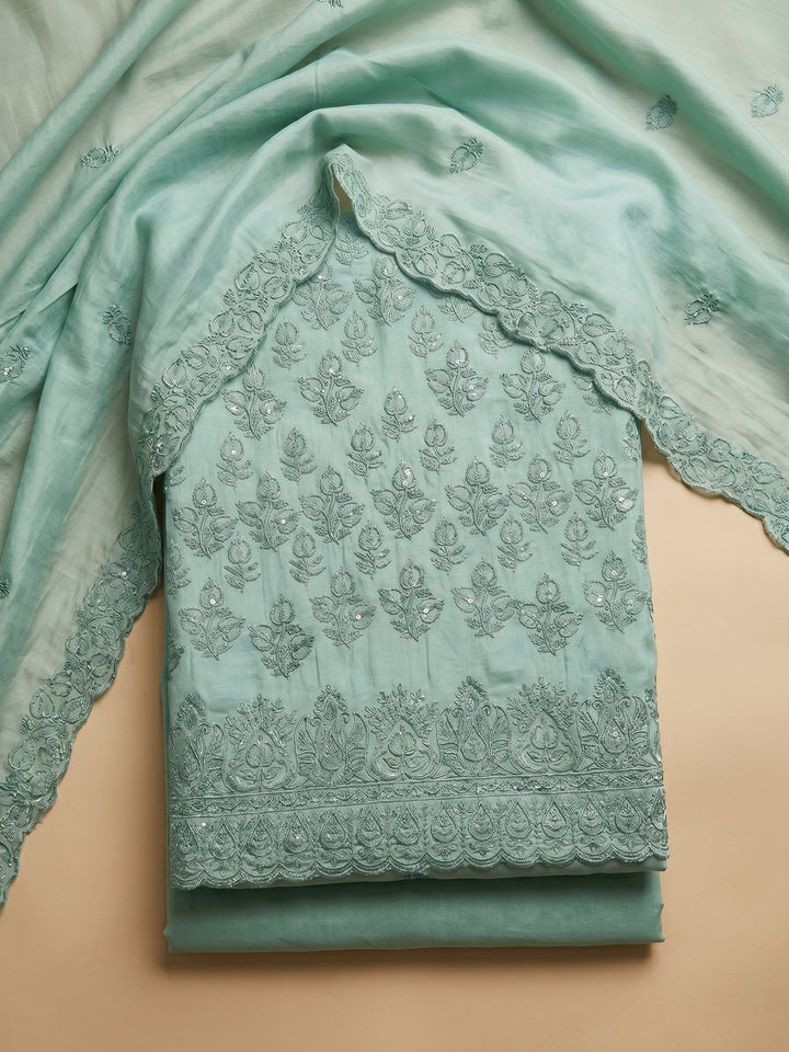 Sea Green Embroidered Chanderi Unstitched Suit &amp; Pant With Chanderi Dupatta