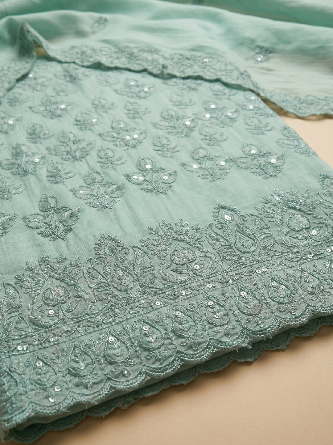 Sea Green Embroidered Chanderi Unstitched Suit &amp; Pant With Chanderi Dupatta
