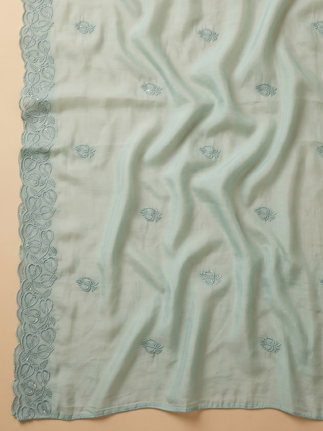 Sea Green Embroidered Chanderi Unstitched Suit &amp; Pant With Chanderi Dupatta