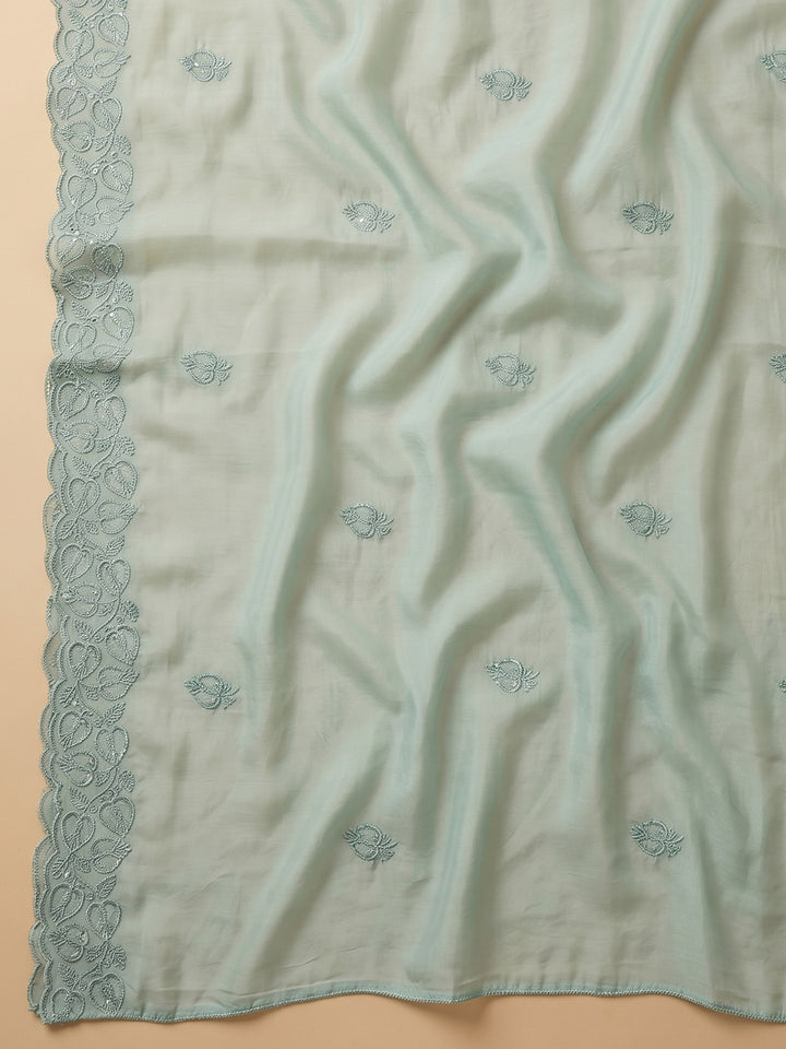 Sea Green Embroidered Chanderi Unstitched Suit &amp; Pant With Chanderi Dupatta