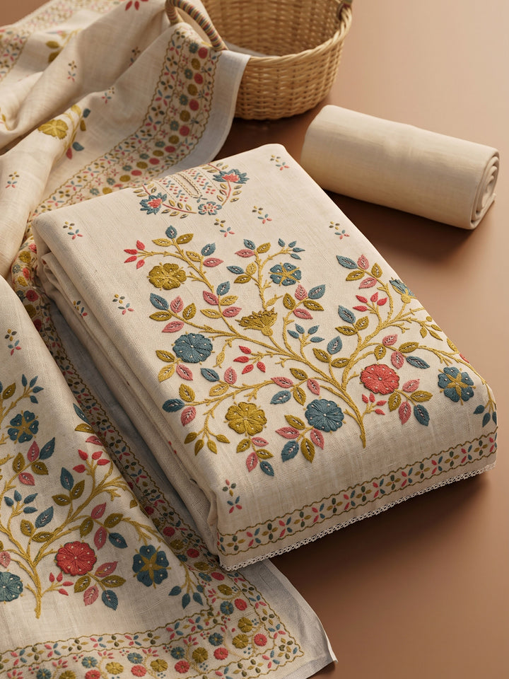 Beige Printed Chanderi Unstitched Suit &amp; Pant With Chanderi Dupatta