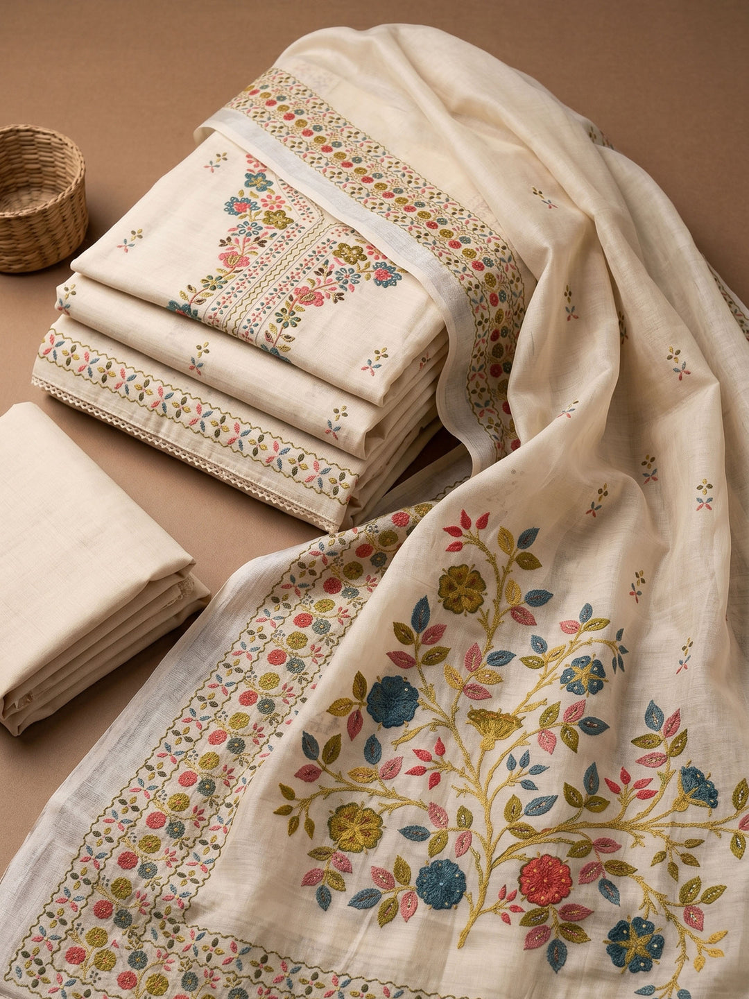 Beige Printed Chanderi Unstitched Suit &amp; Pant With Chanderi Dupatta