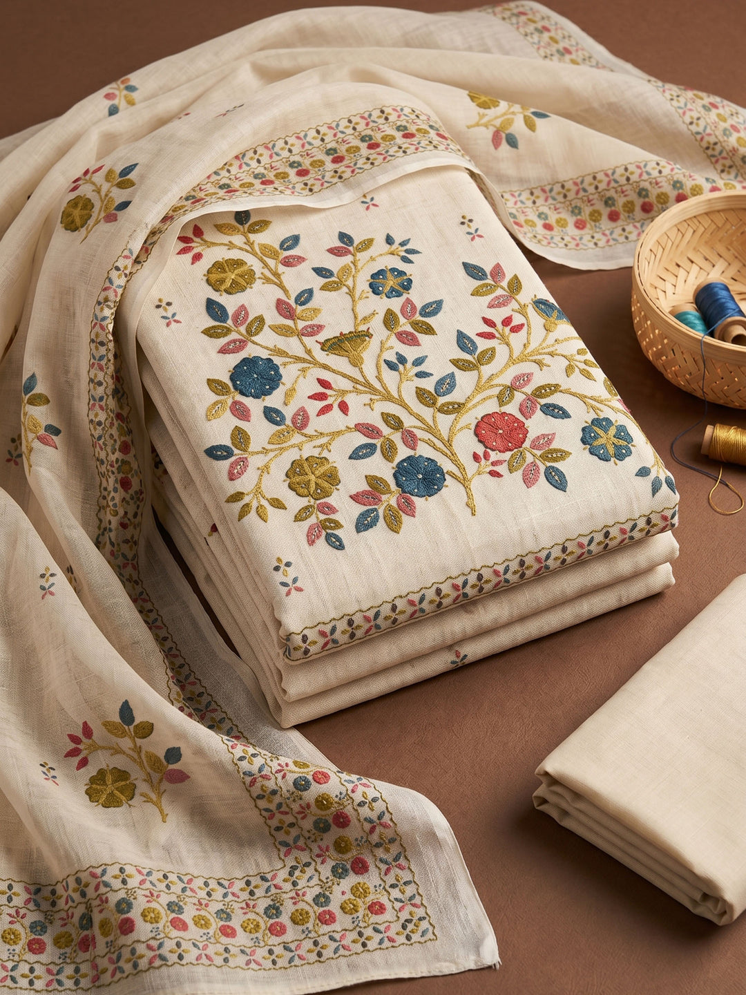 Beige Printed Chanderi Unstitched Suit &amp; Pant With Chanderi Dupatta