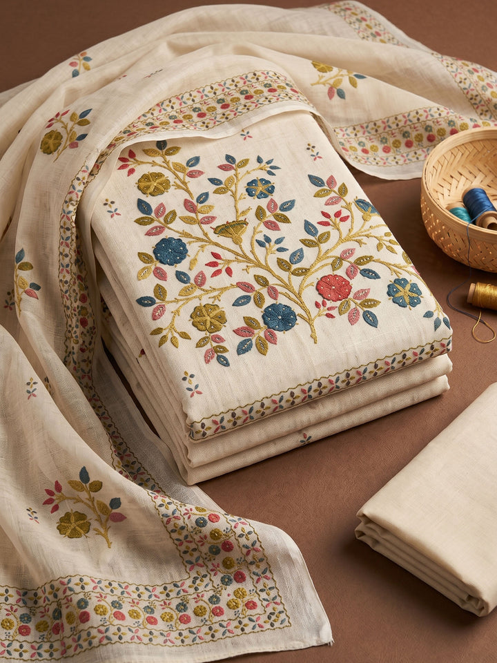 Beige Printed Chanderi Unstitched Suit &amp; Pant With Chanderi Dupatta
