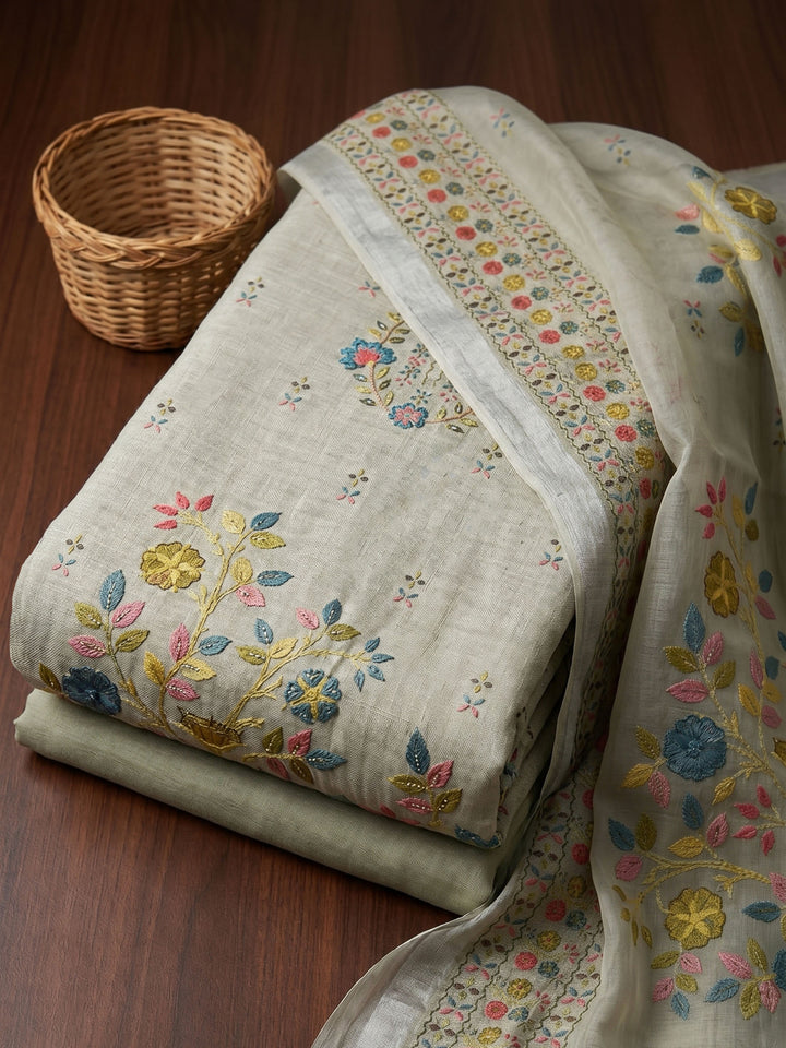 Grey Printed Chanderi Unstitched Suit &amp; Pant With Chanderi Dupatta