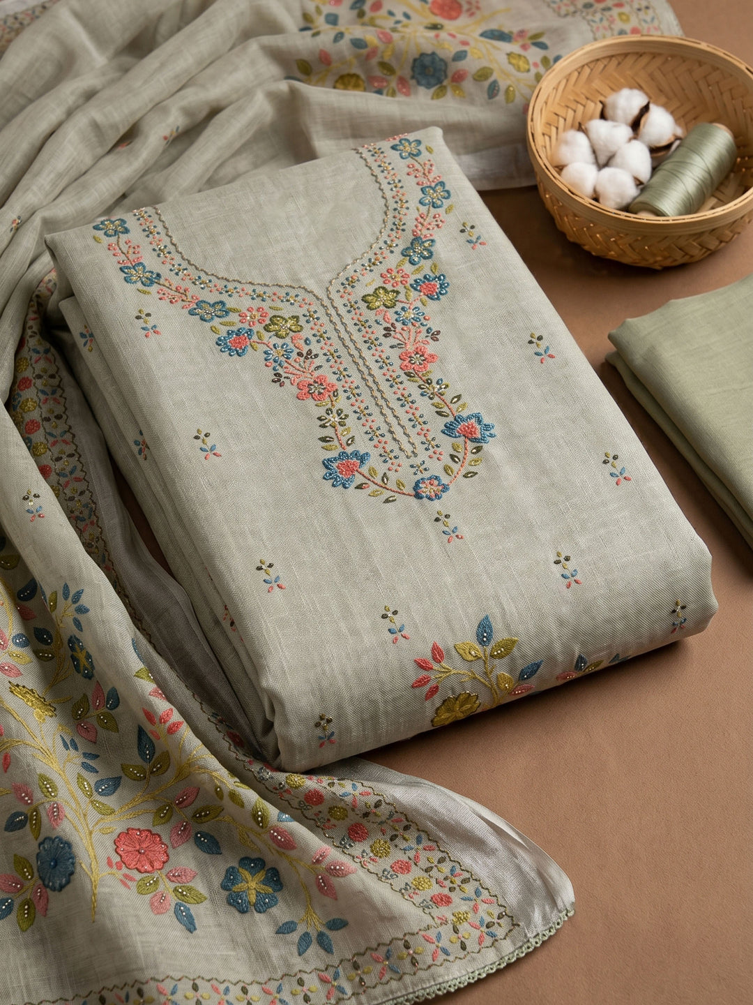 Grey Printed Chanderi Unstitched Suit &amp; Pant With Chanderi Dupatta