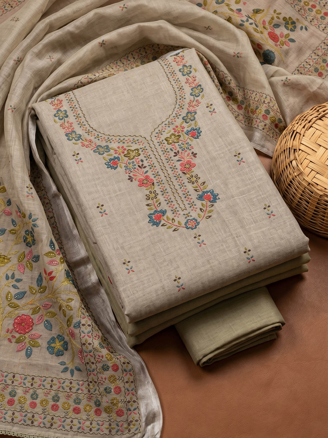 Grey Printed Chanderi Unstitched Suit &amp; Pant With Chanderi Dupatta