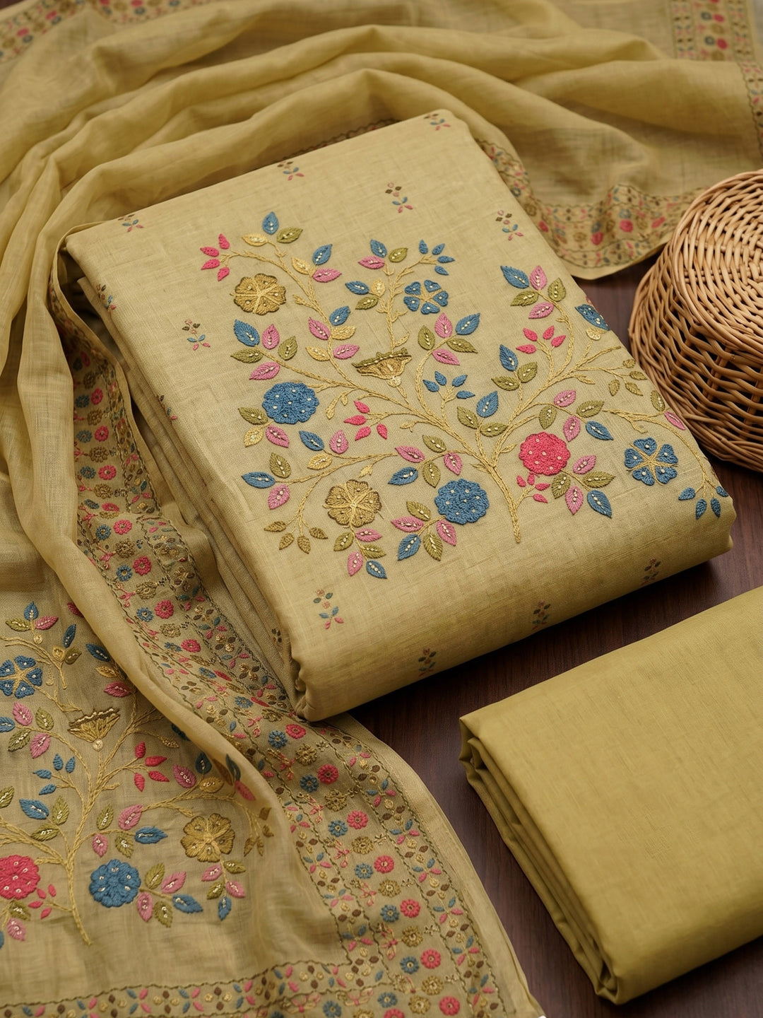 Mehndi Printed Chanderi Unstitched Suit &amp; Pant With Chanderi Dupatta