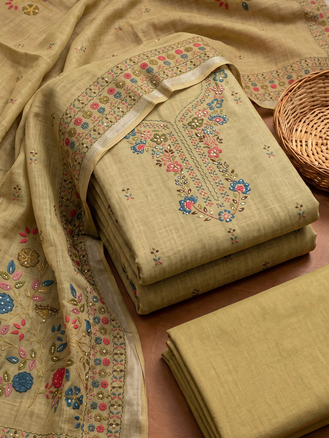 Mehndi Printed Chanderi Unstitched Suit &amp; Pant With Chanderi Dupatta